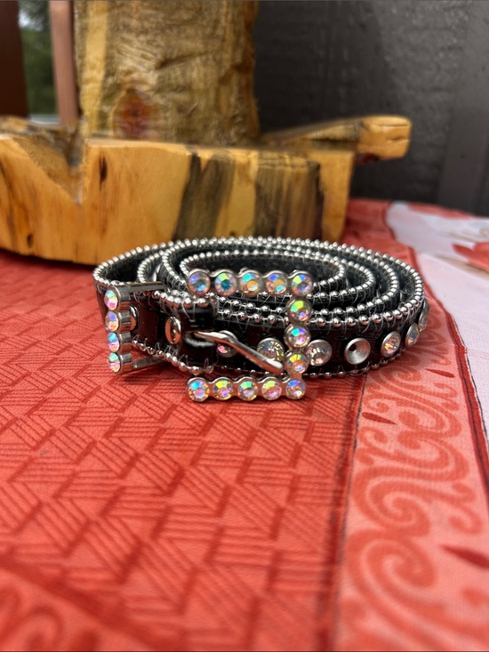 Accessories - Aurora Borealis Rhinestone Embellished Black Leather Beaded Belt NWOT